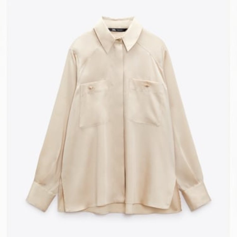 NWT PATCH POCKET SATIN EFFECT SHIRT GOLD BEIGE CREAM REF. 8692/325.